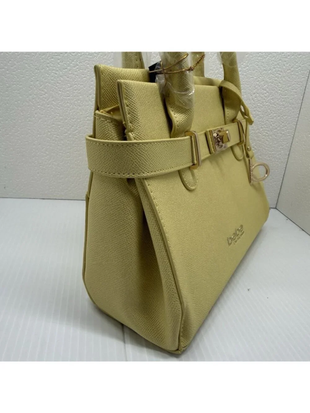 Bebe Yellow Satchel Handbag NWT Structured Top Handle Purse Gold Hardware